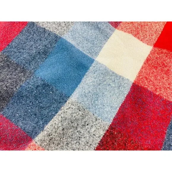 Faribault Woolen Mill Blanket Throw Plaid Fringed Blue Orange Cream FLAWS USA Wo - Picture 2 of 11